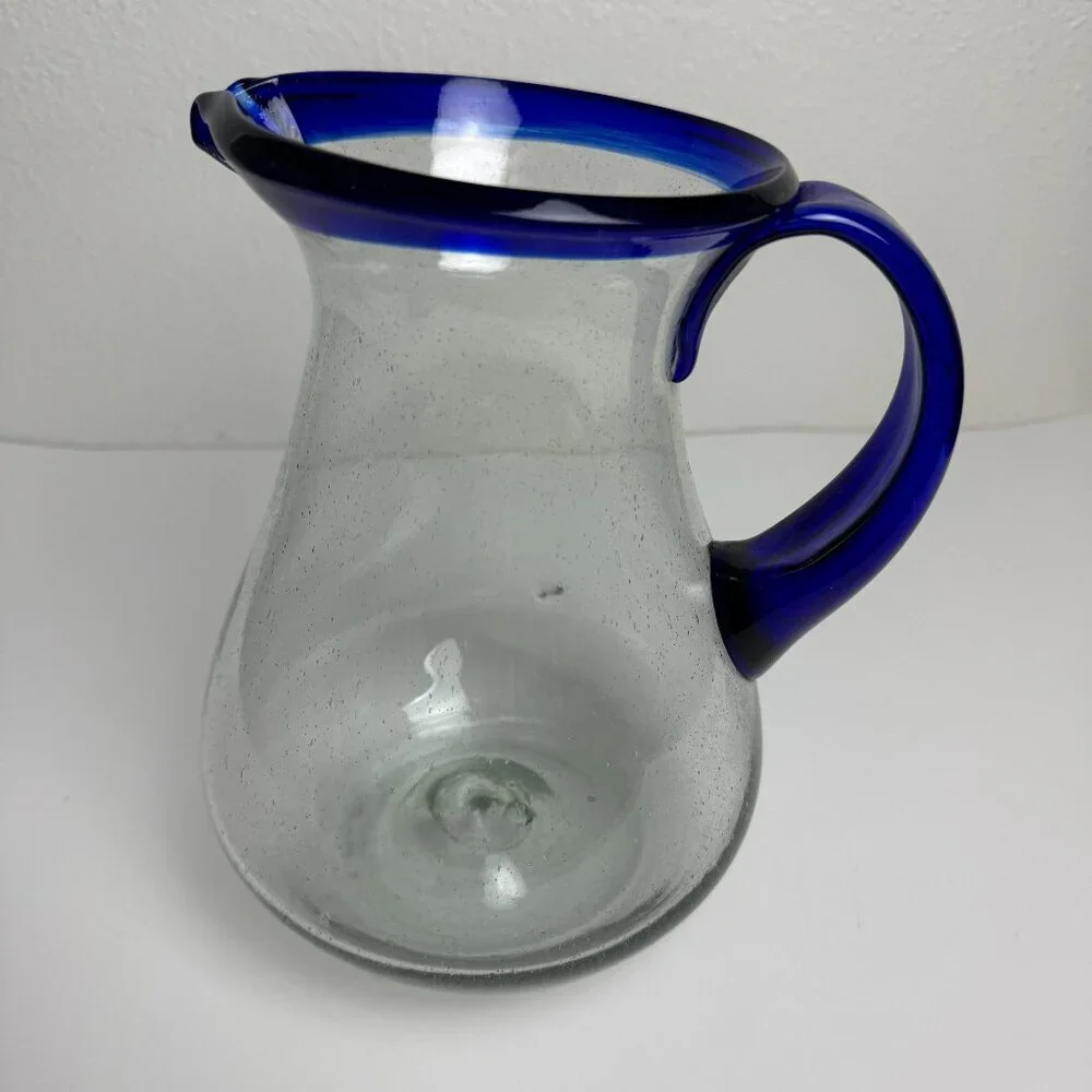Vintage Hand Blown Cobalt Blue Rim Handle Glass Pitcher